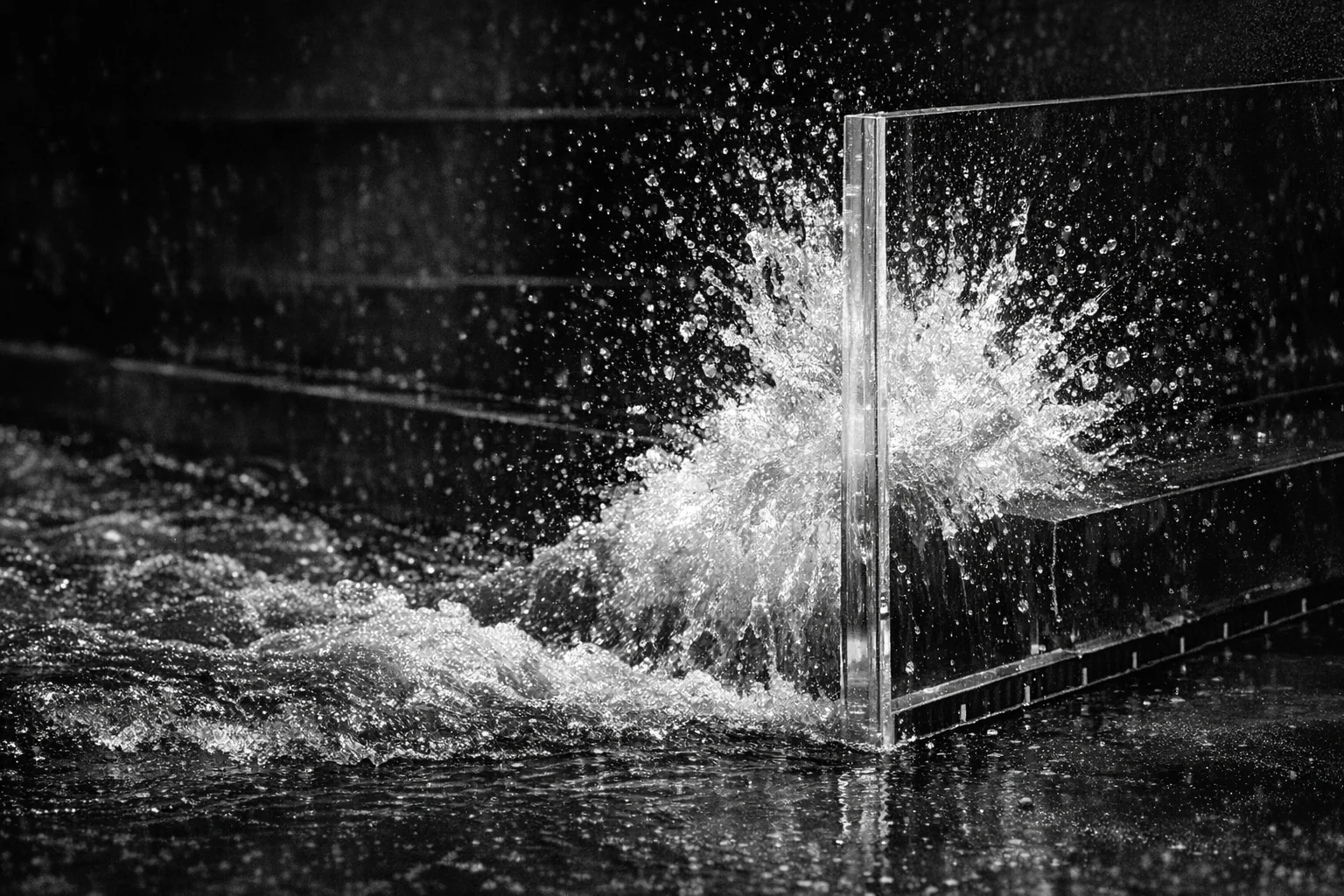 Water striking a transparent boundary in a controlled laboratory channel